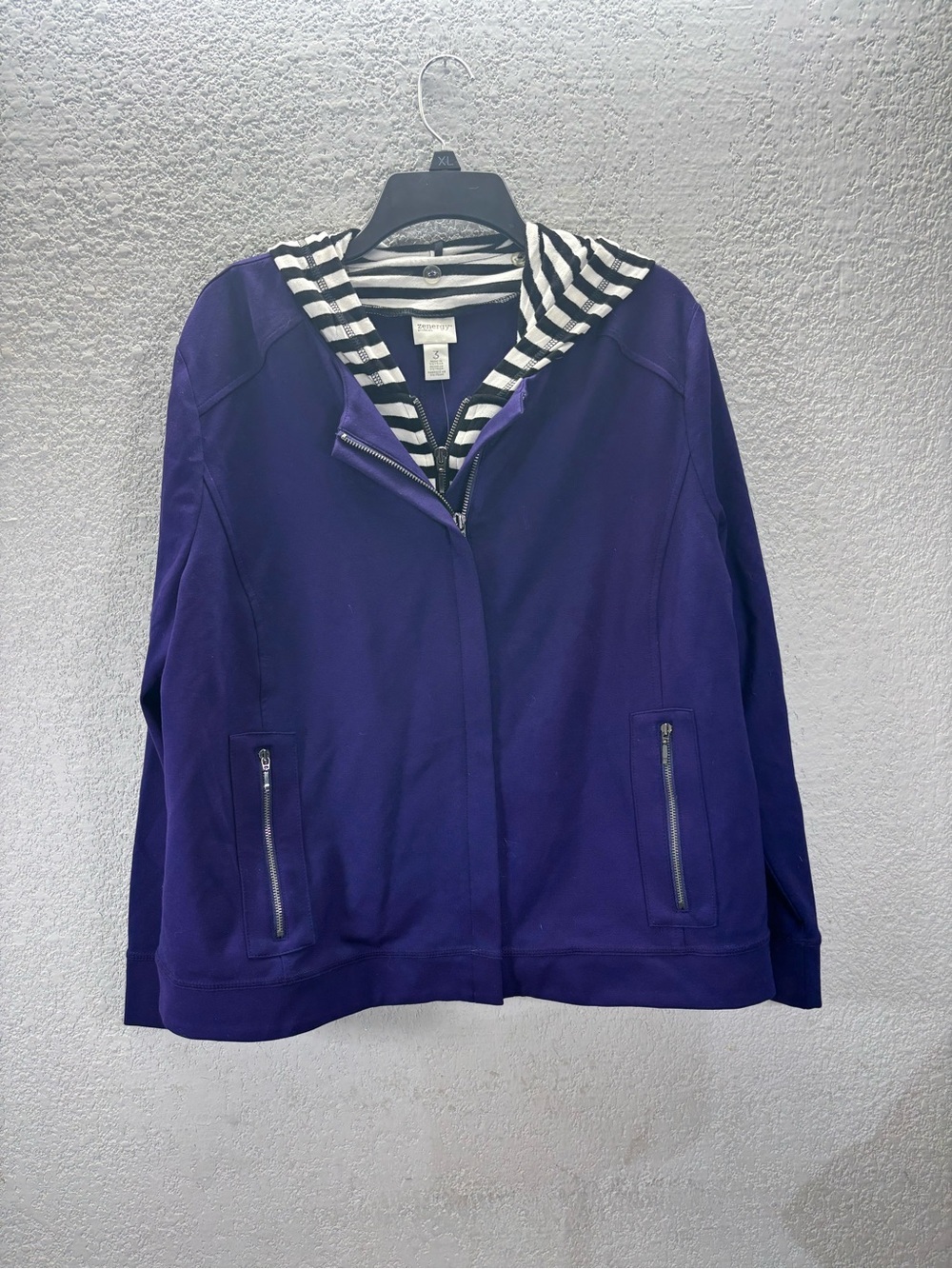 Chico's Purple Zip-Front Bomber Jacket with Striped Hood